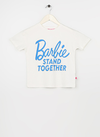 Barbie Ekru Kız Çocuk Bisiklet Yaka Düşük Omuz Oversize Baskılı T-Shirt 23SSB-54