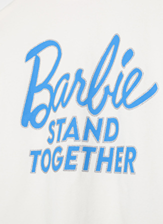 Barbie Ekru Kız Çocuk Bisiklet Yaka Düşük Omuz Oversize Baskılı T-Shirt 23SSB-54