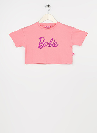 Barbie Pembe Kız Çocuk Bisiklet Yaka Düşük Omuz Crop Baskılı T-Shirt 23SSB-16