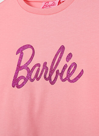 Barbie Pembe Kız Çocuk Bisiklet Yaka Düşük Omuz Crop Baskılı T-Shirt 23SSB-16