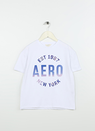 Aeropostale Ekru Kız Çocuk Bisiklet Yaka Düşük Omuz Oversize Baskılı T-Shirt 23SAG-03