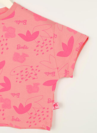 Barbie Pembe Kız Çocuk Bisiklet Yaka Düşük Omuz Crop Top Baskılı T-Shirt 23SSB-14