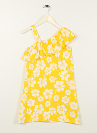 Limon Sarı Kız Çocuk Kayık Yaka Askılı Diz Üstü Desenli Elbise CORAL GIRL-23