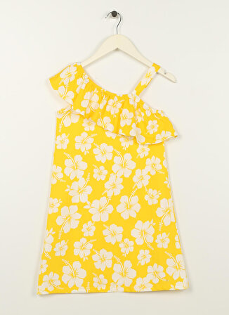 Limon Sarı Kız Çocuk Kayık Yaka Askılı Diz Üstü Desenli Elbise CORAL GIRL-23