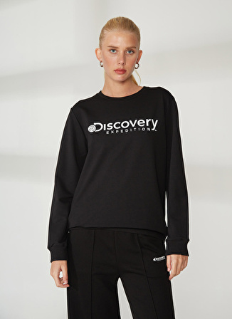 Discovery Expedition Siyah Kadın Bisiklet Yaka Uzun Kollu Relaxed Baskılı Sweatshirt W-ENERGY