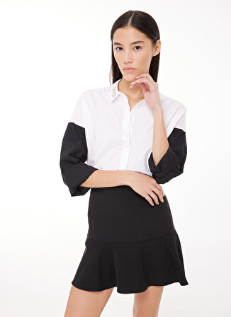 Fabrika Comfort Geniş Fit Gömlek Yaka İşlemeli Beyaz - Siyah Kadın Gömlek FC3WL-GML17