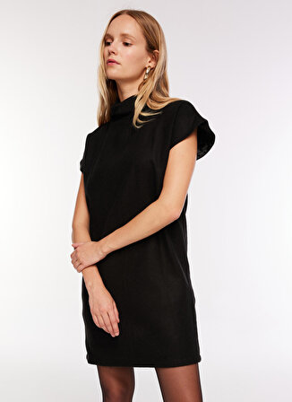 Fabrika Dik Yaka Düz Siyah Mini Kadın Elbise F3WL-ELB23