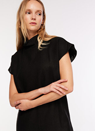 Fabrika Dik Yaka Düz Siyah Mini Kadın Elbise F3WL-ELB23