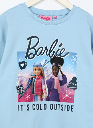 Barbie Mavi Kız Çocuk Bisiklet Yaka Düşük Omuz Oversize Baskılı Sweatshirt BRB3WG-SWT10