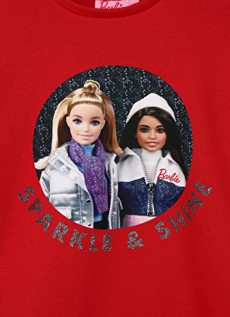 Barbie Kırmızı Kız Çocuk Bisiklet Yaka Düşük Omuz Oversize Baskılı Sweatshirt BRB3WG-SWT14