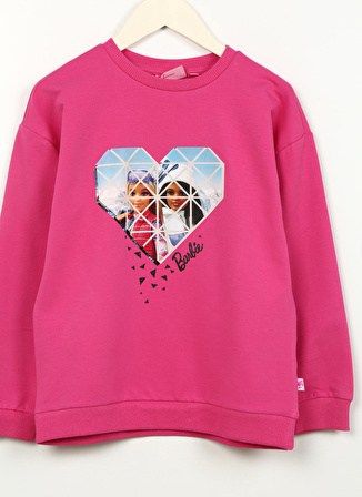 Barbie Pembe Kız Çocuk Bisiklet Yaka Düşük Omuz Oversize Baskılı Sweatshirt BRB3WG-SWT20