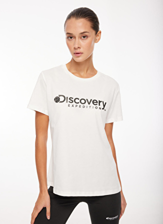 Discovery Expedition Beyaz Kadın Bisiklet Yaka Baskılı T-Shirt D3WL-TST1