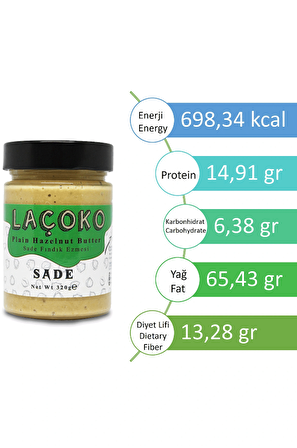 LAÇOKO 320 Gram Şekersiz, Katkısız, Glutensiz, Vegan, Doğal Sade Fındık Ezmesi