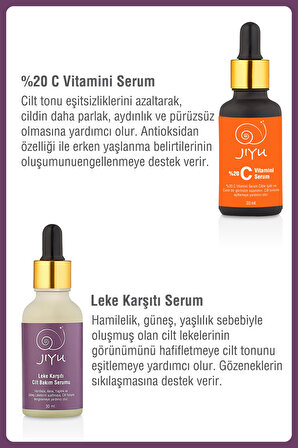 Jiyu C Vitamini Aydınlatıcı Cilt Bakım Serumu + Jiyu Leke Karşıtı Cilt Tonu Eşitleyici Arbutin Serum 2'li Cilt Bakım Seti 2x30 ml.