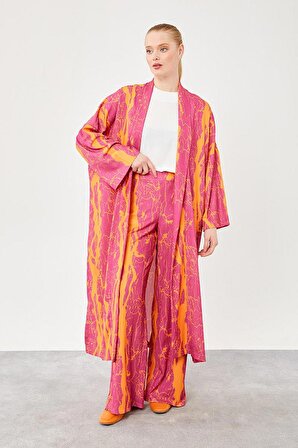Levidor Oranj Desenli Kimono Takım