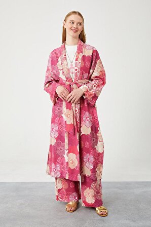 Levidor Fuşya İkili Takım Keten Çiçekli Kimono
