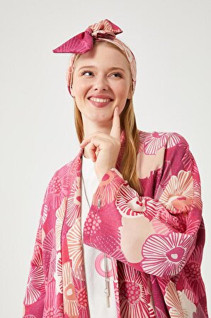 Levidor Fuşya İkili Takım Keten Çiçekli Kimono