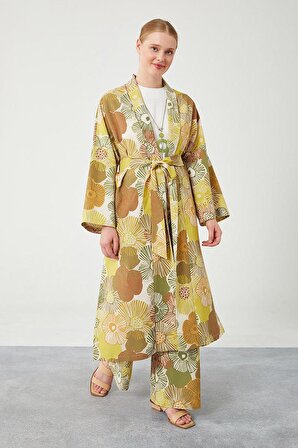 Levidor Haki İkili Takım Keten Çiçekli Kimono