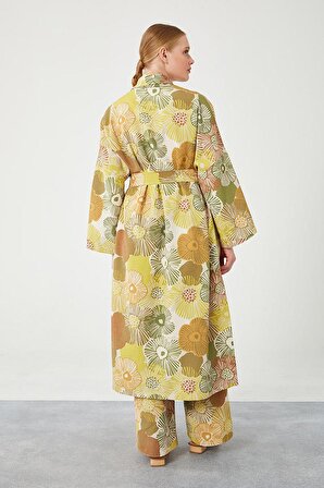 Levidor Haki İkili Takım Keten Çiçekli Kimono