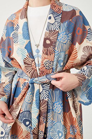Levidor İndigo İkili Takım Keten Çiçekli Kimono