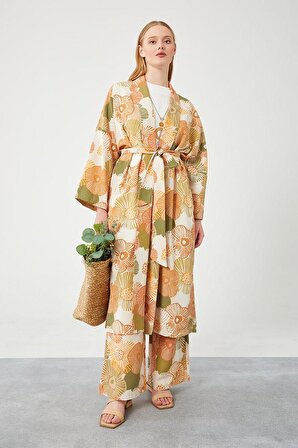 Levidor Oranj İkili Takım Keten Çiçekli Kimono