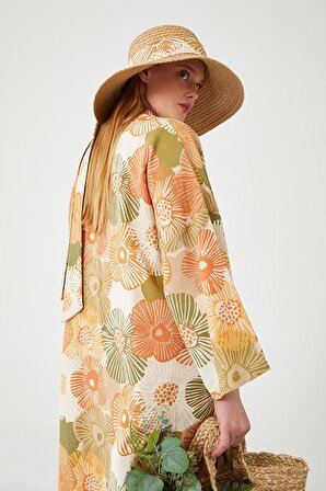 Levidor Oranj İkili Takım Keten Çiçekli Kimono