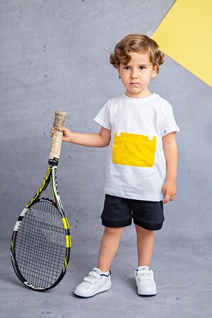 Erkek Bebek Yaka Çıtçıtlı Sarı Cepli Beyaz T-Shirt (9ay-4yaş)