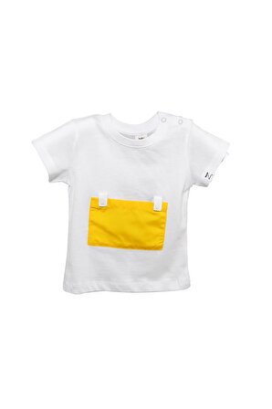 Erkek Bebek Yaka Çıtçıtlı Sarı Cepli Beyaz T-Shirt (9ay-4yaş)