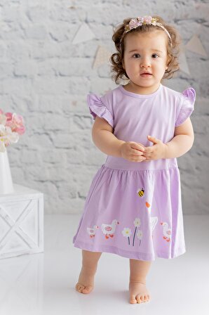 Kız Bebek Ördek Baskılı Kolları Fırfırlı Örme Elbise