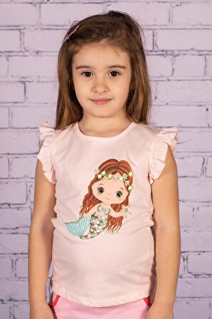Kız Bebek Deniz Kızı Baskılı Pembe Kolları Fırfırlı T-Shirt