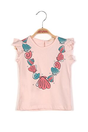 Kız Bebek Deniz Kabuğu Baskılı Kolları Fırfırlı T-shirt