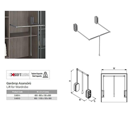 STARAX GARDROP ASANSÖRÜ (12KG) GRİ S-6011-G 600-850mm