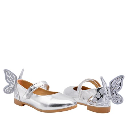 Mariposa Kelebek Figürü Detaylı Kız Çocuk Babet Ayakkabı Gümüş Rengi