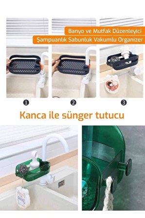 Banyo Ve Mutfak Düzenleyici Şampuanlık Sabunluk Vakumlu Organizer - Gri