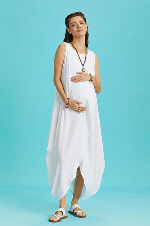 Diyagonal Kesim Ön Katlı Beyaz Bol Şık Hamile Elbise