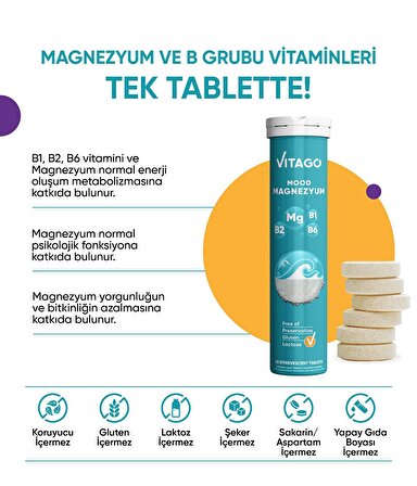 Vitago Mood Magnezyum Vitamin B1 B2 B6 İçeren 20 Efervesan Tablet 8683242262683