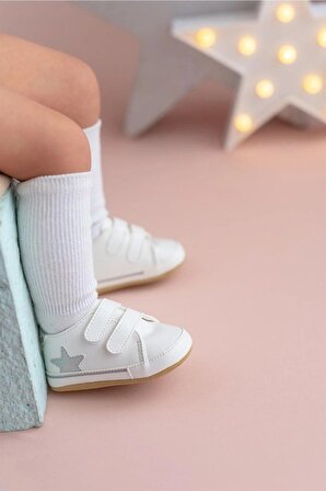 First Step Cırtlı Yıldızlı Çocuk Günlük Panduf Ayakkabı G-2352-GUMUS Beyaz