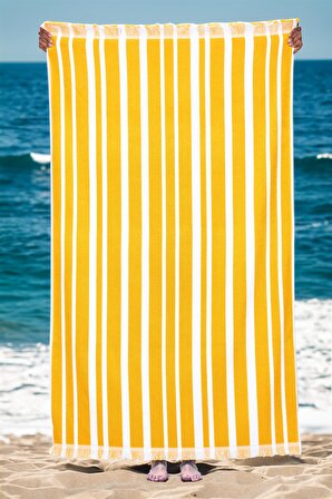 Homelover Pamuklu Çizgili Püsküllü 100 x 170 Büyük Boy Plaj Havlusu