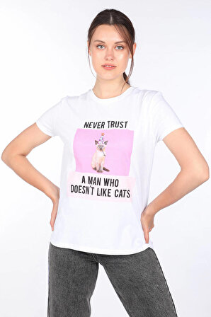 MARKAPIA WOMAN Kadın Beyaz Kedi Baskılı T-shirt