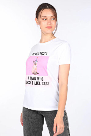 MARKAPIA WOMAN Kadın Beyaz Kedi Baskılı T-shirt