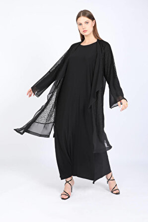 Kadın Büyük Beden Minimal Desenli Şifon Elbise Takım Siyah