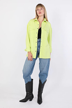 Banny Jeans Kadın Oversize Jean Gömlek Neon Yeşil