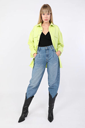 Banny Jeans Kadın Oversize Jean Gömlek Neon Yeşil