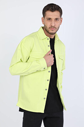 Erkek Oversize Jean Gömlek Neon Yeşil