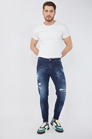 Erkek Skinny Fit Boya Detaylı Jean Koyu Mavi