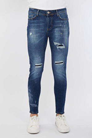 Erkek Skinny Ripped Patch Detaylı Jean Koyu Mavi