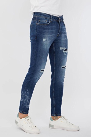 Erkek Skinny Ripped Patch Detaylı Jean Koyu Mavi