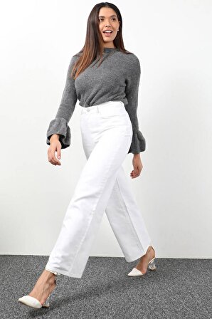 Kadın Beyaz Bol Paça Uzun Jean Pantolon
