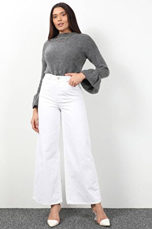 Kadın Beyaz Bol Paça Uzun Jean Pantolon