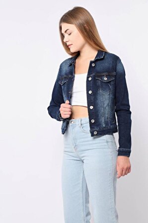 Kadın Koyu Mavi Slim Fit Jean Ceket